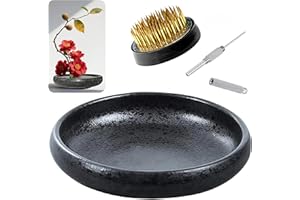 EGGONE Japanese Ikebana Vase Kit, Flower Shallow Container Ceramics Ikebana Vase with 1.57inch Flower Frog and Floral Frog Floristry Kenzan Needle Straightening Tool (Frosted Bowl A with Spots)