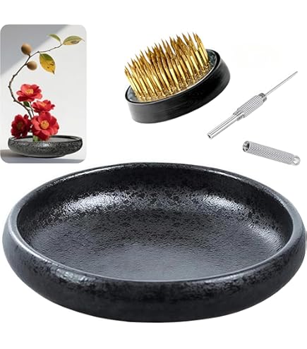 Amazon.com: 日本古典插花花瓶組,極簡陶瓷花盆淺容器,附2.4 英吋(約6.1