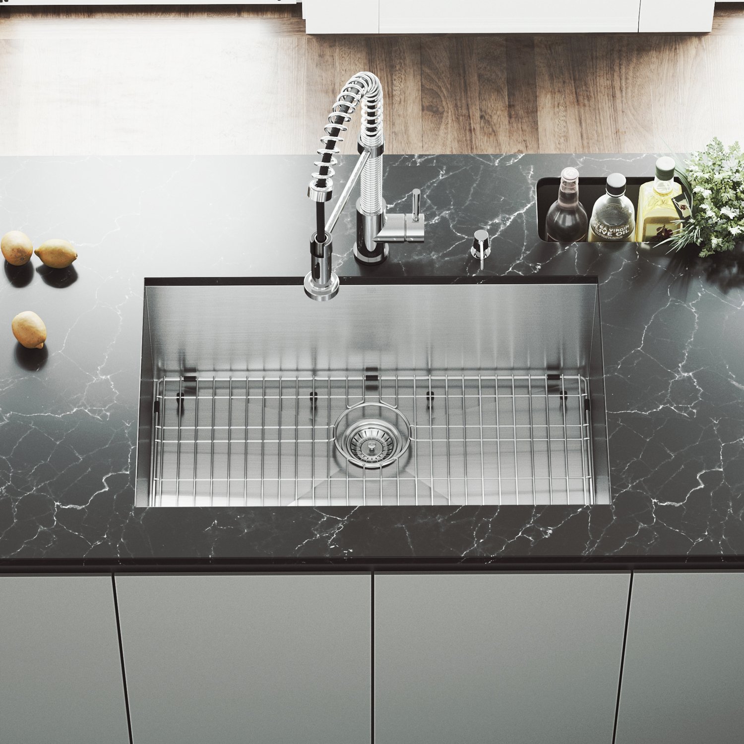 VIGO VG3019BK1 Ludlow 30 Inch Undermount 16 Gauge Stainless Steel Single Bowl Handmade Kitchen Sink w/Grid, Strainer. Sound Minimizing Tech. Commercial Satin Finish. 30 inch L x 19 inch W x 10 inch D
