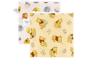 Bumkins Disney Reusable Sandwich and Snack Bags, for Kids School Lunch and for Adults Portion, Washable Fabric, Waterproof Cloth Zip Bag, Travel Pouch, Food-Safe Storage, Large 2-pk Winnie the Pooh