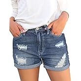 luvamia Women's Ripped High Waisted Denim Shorts Stretchy Cuffed Hem Jean Shorts