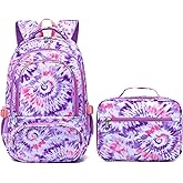 BLUEFAIRY Girls Backpack with Lunch Box Kids Bookbag Set Elemenatry School Bag 17" with insulated Lunch Bag Lunchbox Set Cute Back to School Gifts Mochilas Escolares para Niñas Tie Dye Purple