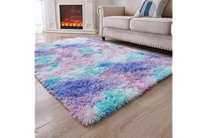 ANVARUG Modern Plush Area Rug 9x12 Ultra Soft Faux Fur Rugs, Non-Skid Bedroom Rugs for Kids Playroom Home Decor, Tie-Dyed Light Purple