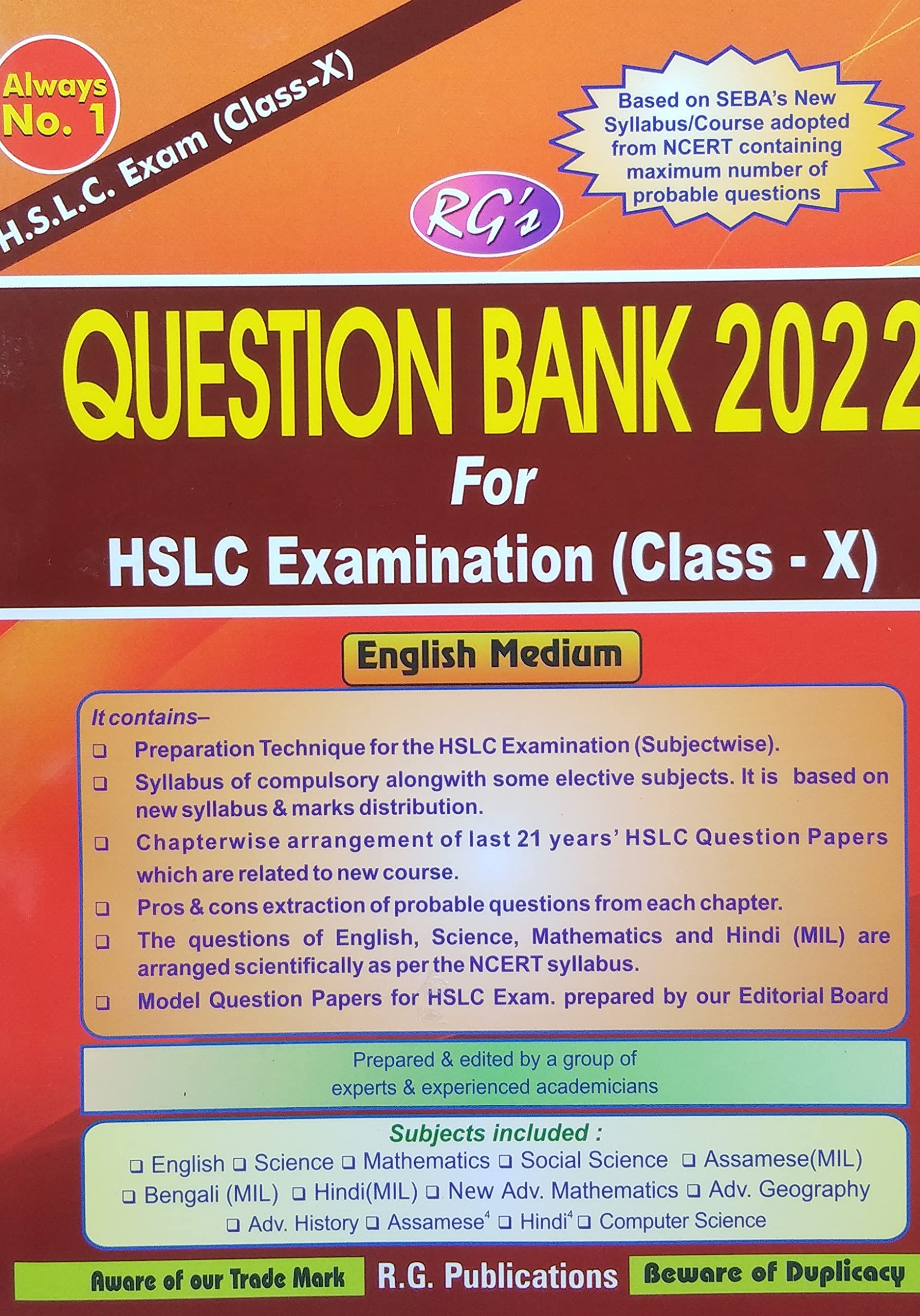 R G QUESTION BANK 2022 FOR HSLC EXAMINATION(CLASS 10) ENGLISH MADIUM