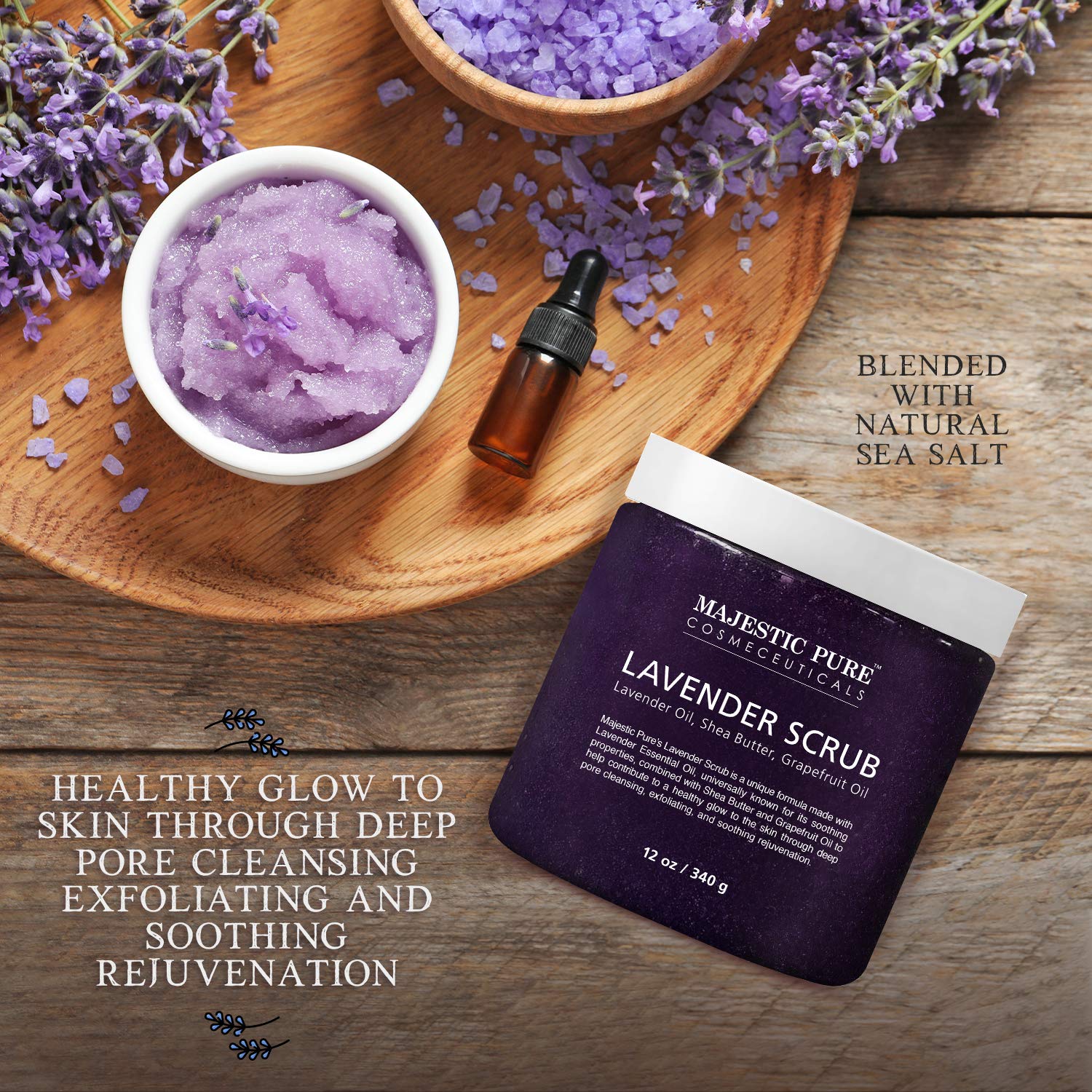 Lavender Oil Body Scrub Exfoliator with Shea Butter and Grapefruit Oil by Majestic Pure - Exfoliate & Moisturize Skin, Fights Acne - 12 oz : Beauty