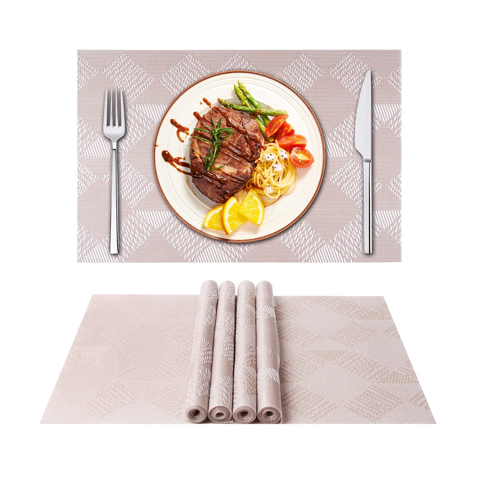 ASYOUWISH Set of 6 PVC Kitchen Table Place Mats, Non-Slip and Washable? Ecological, Ideal for the Kitchen Rose Gold