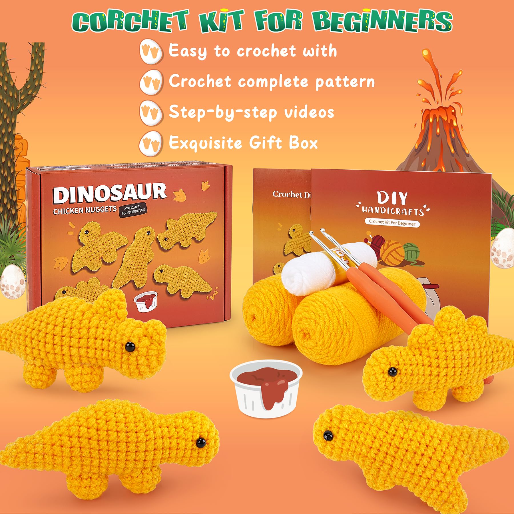Crochet Kit for Beginners - 5 PCS Dinosaur Chicken Nuggets Set With Step-by-Step Video Tutorials for Adults Kids