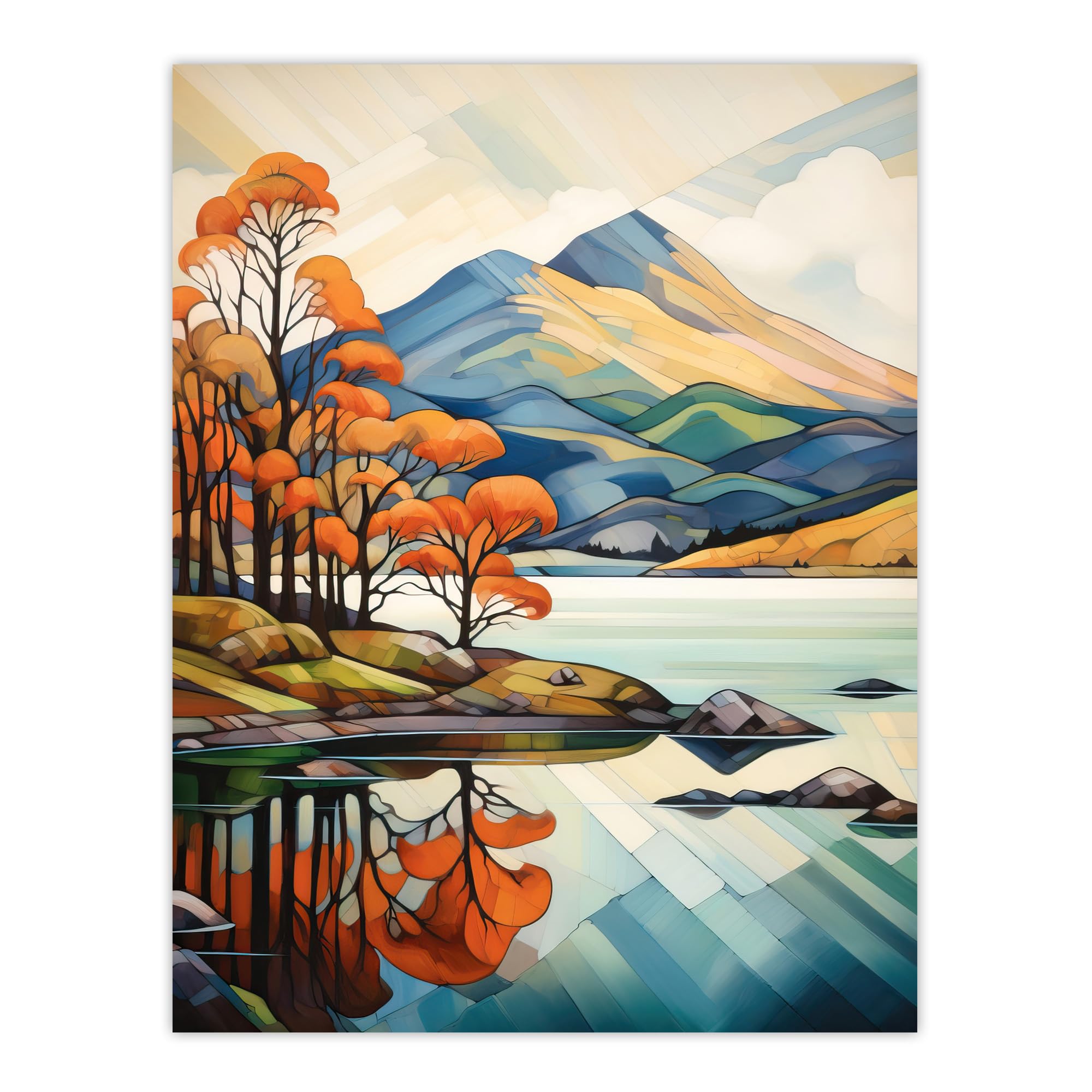 Artery8 In The Shadow Of Ben Lomond Loch Reflections Autumn Scotland Artwork Painting Extra Large XL Wall Art Poster Print