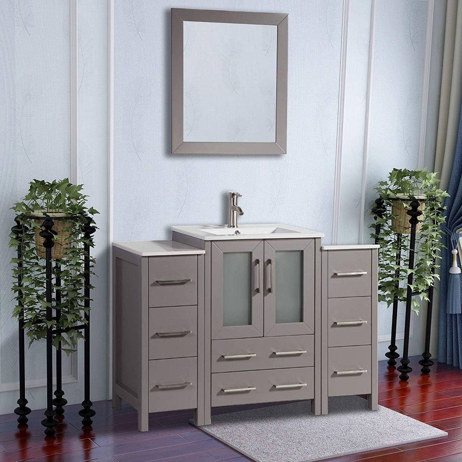 Vanity Art 48 Inch Single Sink Modern Bathroom Vanity Combo Set 2 Side Cabinets 1 Shelf Ceramic Top Bathroom Cabinet With Free Mirror Gray Va3024 48 G Amazon Ca Home Kitchen