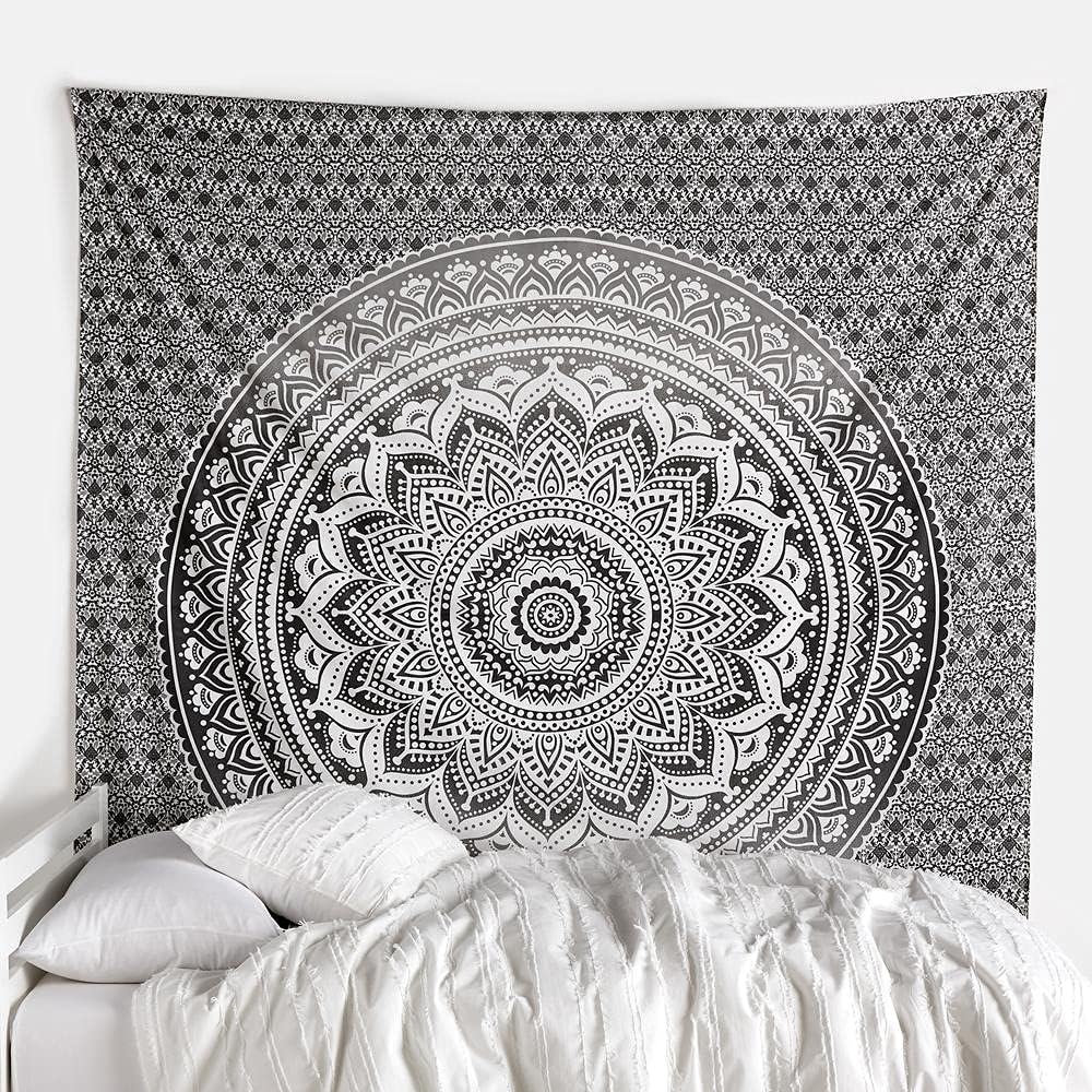 Tapestries - THE ART BOX Hippie Mandala Wall Hangings Large Tapestry Grey and White - Indian Cotton Beach Wall Blanket, Bohemian Decor Tapestrys - Bedroom Aesthetic Tapestries - 104x90 inch