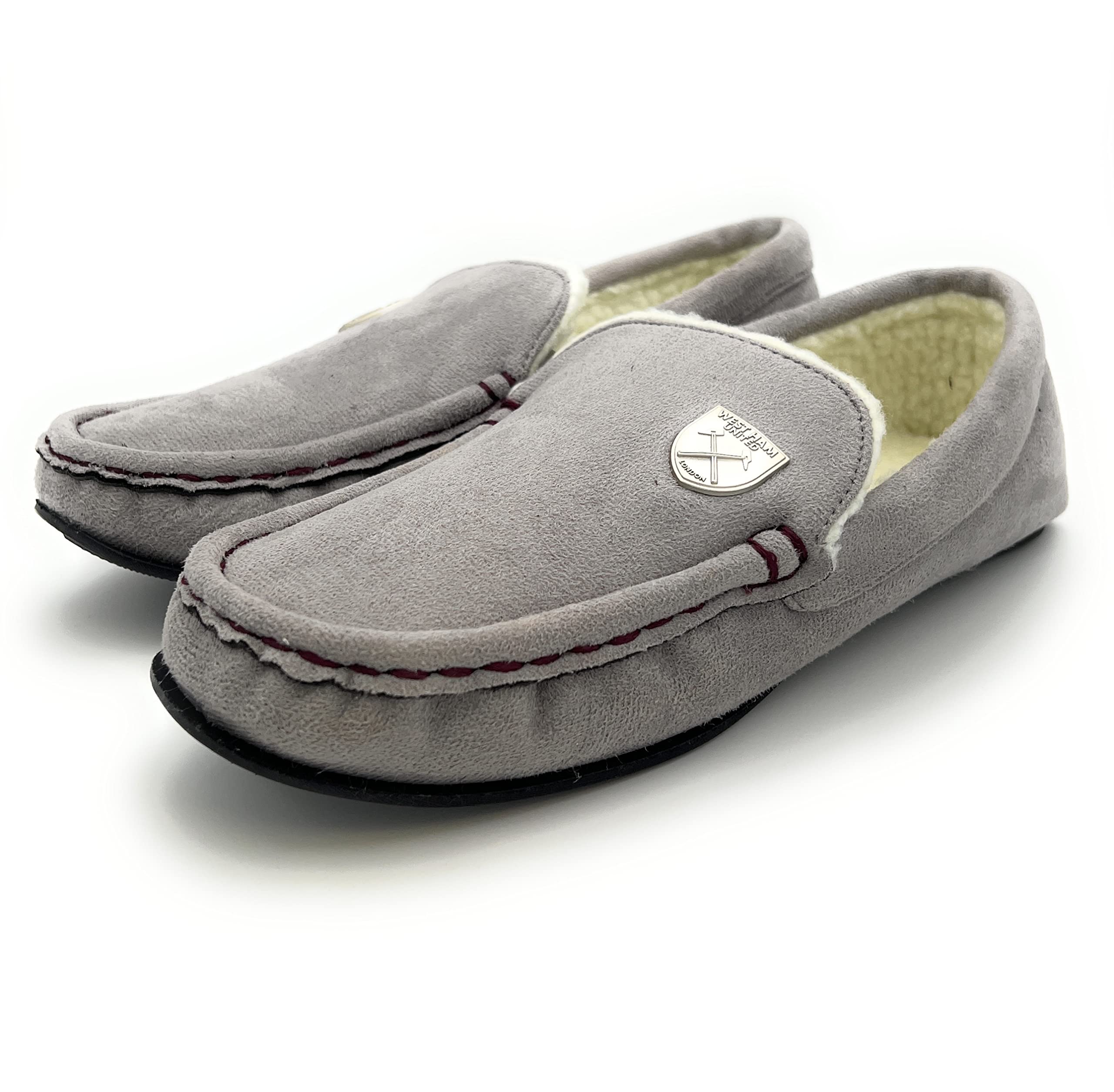Body Care Brands Official Merchandise***Premier League West Ham Grey Mens Moccasin. Best Dad Football Slippers. Made with sherpa wool lining and iconic claret stitching. (7/8, numeric_7)