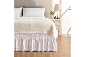 MIYE Wrap Around Ruffled Lace Bed Skirt, Elastic Dust Ruffle with Adjustable Belts, Easy to Put On, Bed Frame Cover, Machine Washable (Tassel Ruffle/White, King/Queen-15 Drop)