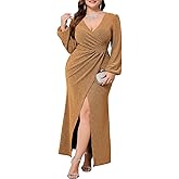 CYCLAMEN Plus Size Formal Maxi Dress Sparkly Ruched Puff Sleeve V Neck Slit Cocktail Wedding Guest Prom Evening Gown