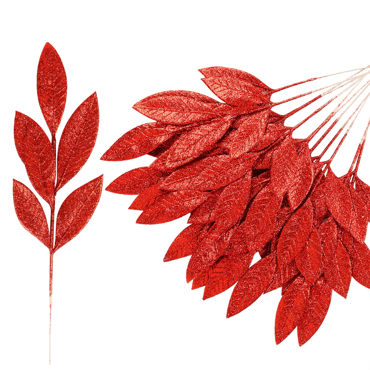 VEYLIN Christmas Glitter Bay Leaf, 12Pcs Artificial Christmas Tree Picks Sprays for Christmas Tree Wreath Floral Wedding Bouquet Decoration(Red)