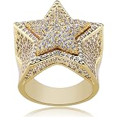 TOPGRILLZ 14K Golden Plated Star Ring Iced Out CZ Simulated Diamond Punky Rappers Ring for Men Engagement Hip Hop Jewelry