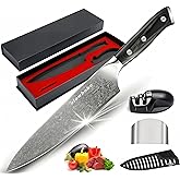 Glowbobo 8 Inch Chef's Knife, High Carbon Stainless Steel Kitchen Knife with Sharpener & Finger Guard, Professional Sharp Cooking Knife for Home & Meat Cutting, with Ergonomic wood Handle and Gift Box