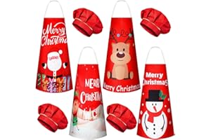 Hoolerry 4 Set Christmas Kids Apron and Chef Hat Boys Girls Red Aprons Hats Snowman Deer Elf Santa Apron for Kitchen Baking Cooking Kitchen Painting Wear(Vivid)