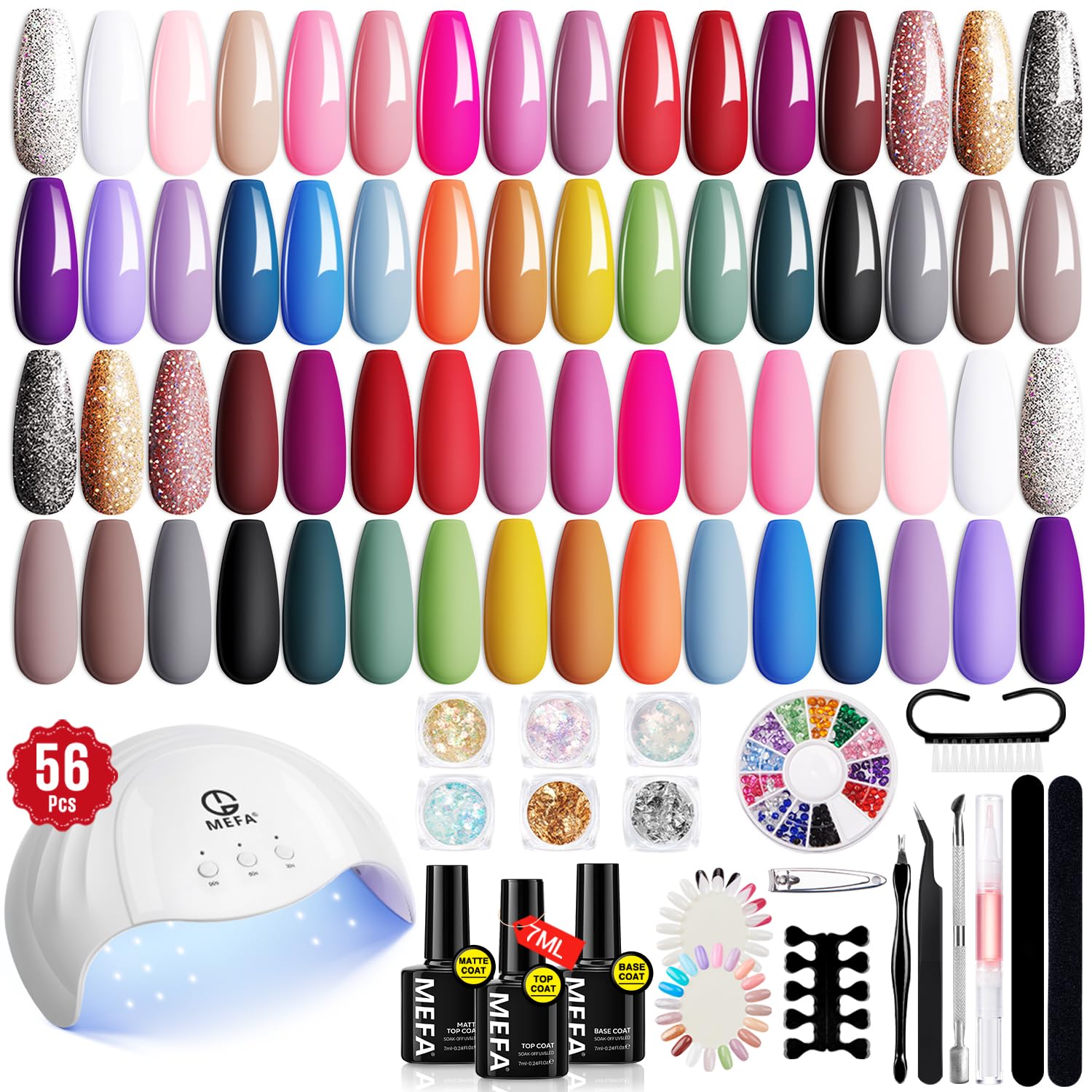 MEFA 56 Pcs Gel Nail Polish Kit with U V Light, 32 Colors All Seasons Soak Off Gel Polish Nail Set with Matte/Glossy Base Top Coat Essential Manicure Tools Nails DIY Easter Decorations Gifts for Women