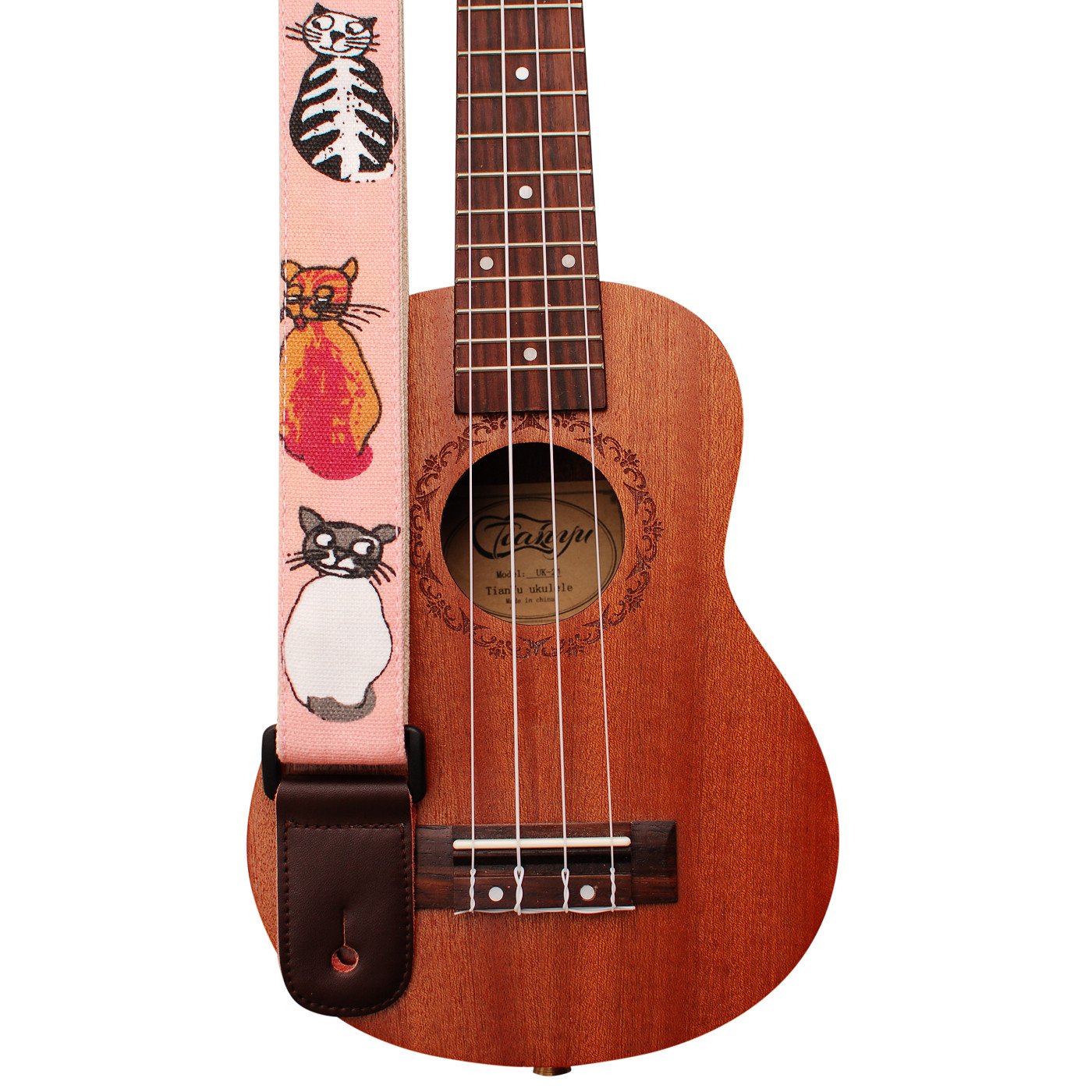 MUSIC FIRST Original Design "MISS CAT" Soft Cotton & Genuine Leather Ukulele Strap Ukulele Shoulder Strap (Miss Cat)