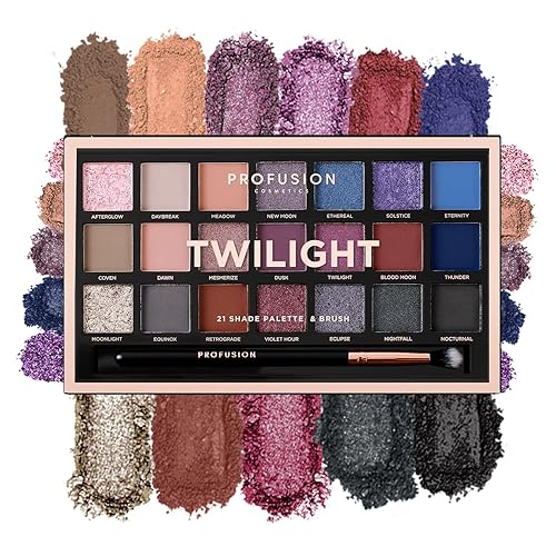 Profusion Cosmetics Twilight 21 Shade Eyeshadow Palette, Buildable Matte, Metallic and Mousse Finishes, Long-Wear, Vitamin A & E Infused, Vegan & Cruelty-Free Makeup