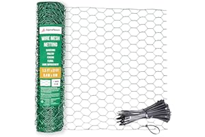 AlpineReach Chicken Wire 1.3ft x 27ft (15.6" x 324") for Floral Arrangements, Zip Ties - Green Mesh Roll Galvanized Hexagonal PVC Coated Garden Netting for Fencing, Crafts, Poultry, Gardening Fence