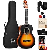 Pyle 30-Inch Beginner Acoustic Guitar Kit, 1/4 Size Junior Classical Nylon String Guitar for Kids and Adults, Includes Gig Bag, Strap, Spare Strings, Picks, Cleaning Cloth, Sunburst Teardrop, Matte