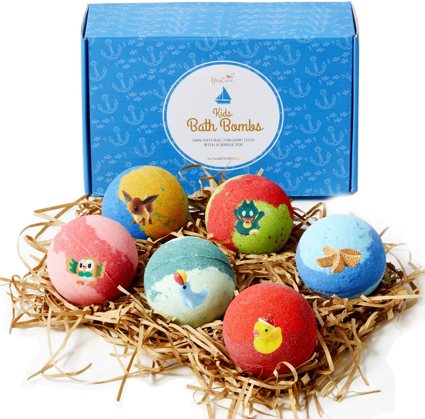 YouCare Kids Bath Bombs w/ Surprise Toys Inside for Boys and Girls, Lush Bath Bombs with Organic Essential Oils and Vegan Ingredients, Natural, Safe Handmade Bath Fizzies for Kids Fun, Pack of 6