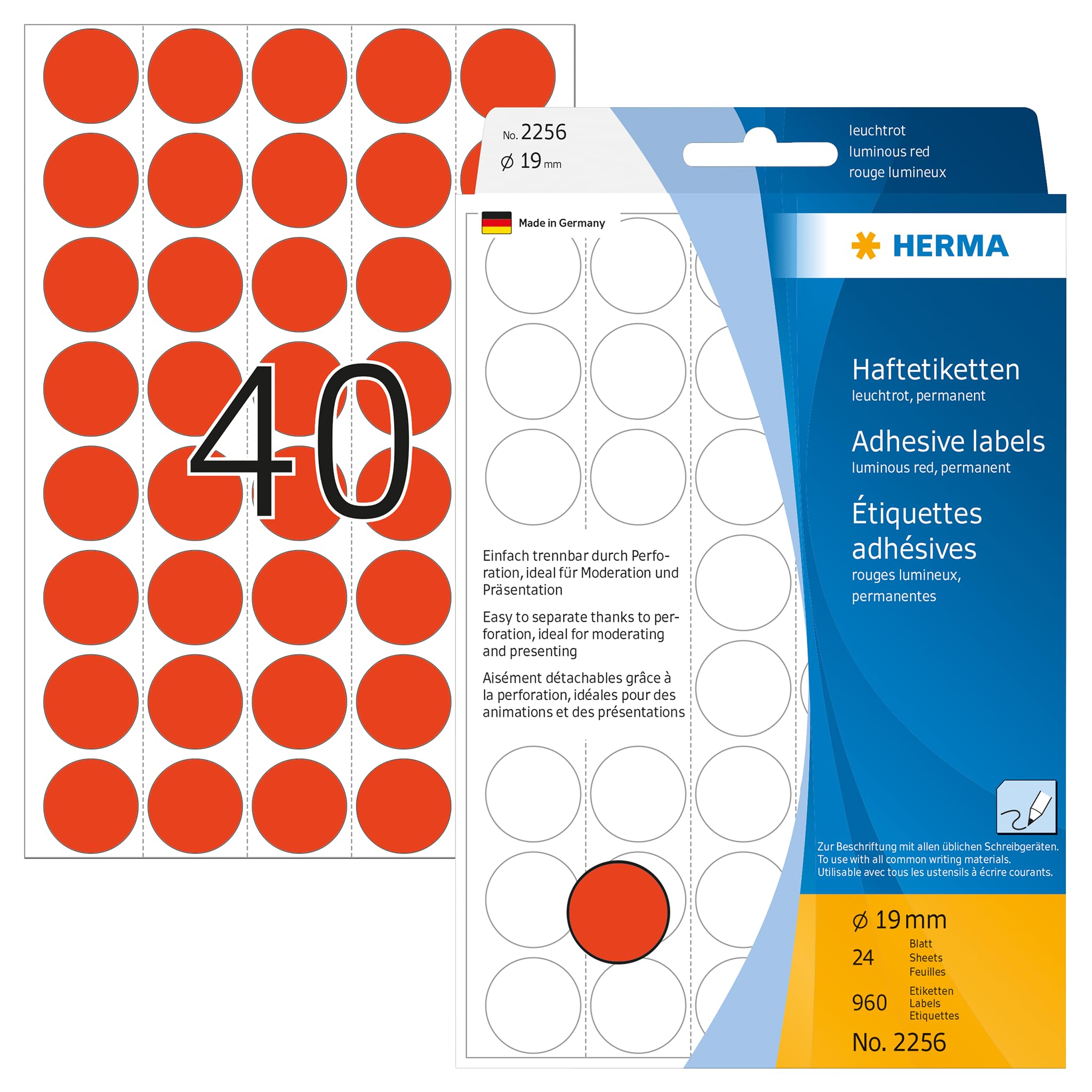 HERMA Dot Stickers Luminous Red, 960 Labels, Ø 19 mm, 40 Labels per Sheet, Self Adhesive Perforated Round Colour Labels Stickers, Blank Marking Dots, Sticky Stickers for Color Coding Calendar