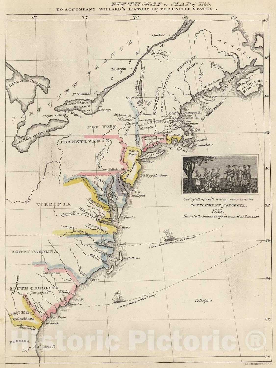 Historic Pictoric Map : Fifth Map or Map of 1733, 1829, Vintage Wall Art : 44in x 59in