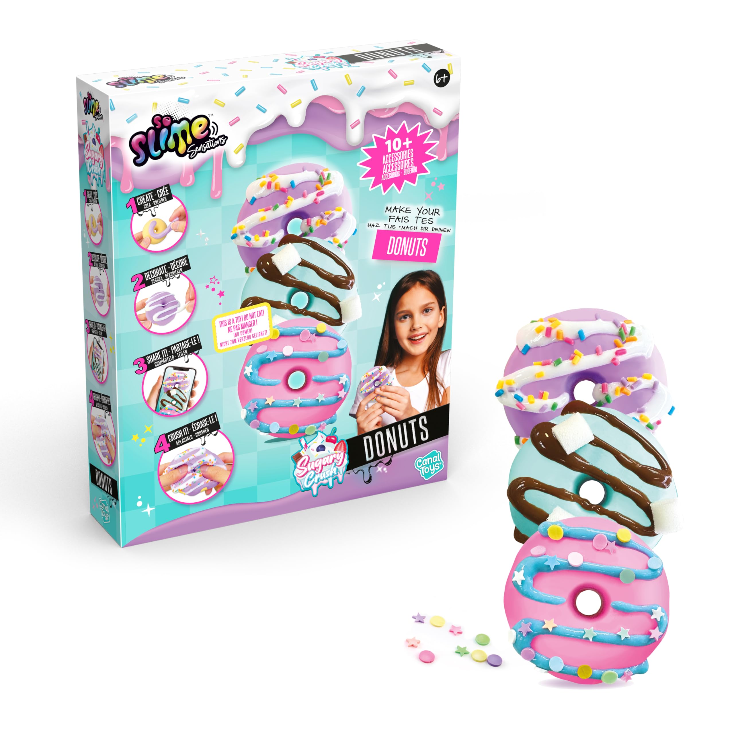 So Slime Sensations Sugary Crush Donuts - Make fun slime treats - Includes all you need to make colourful donuts out of different compounds - 6+, Vibrant, Sweet Colors, Red