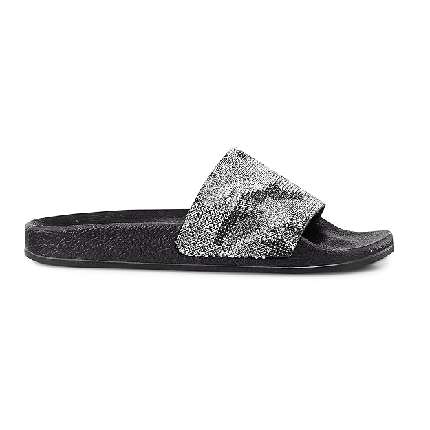 Another A Damen Damen Glitzer-Pantolette in Schwarz, Slipper im glitzernden Camouflage Look