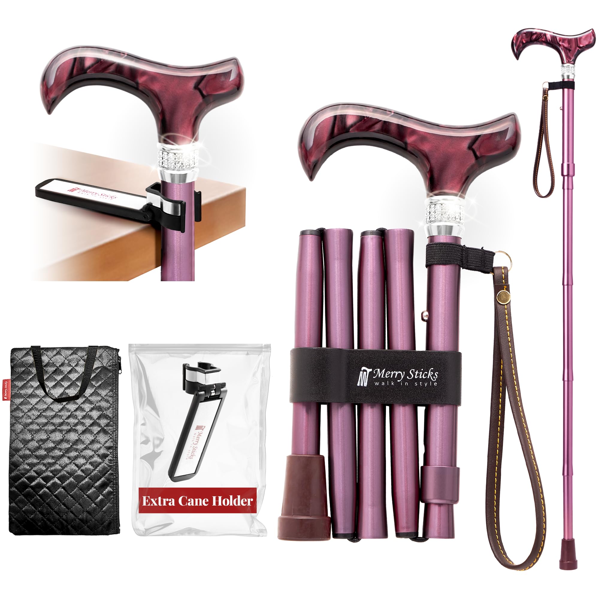 Merry Sticks Folding Adjustable Designer Walking Stick, Royal Burgundy with European Crystals, Includes a Practical Stick Pocket and a Reflective Stick Holder