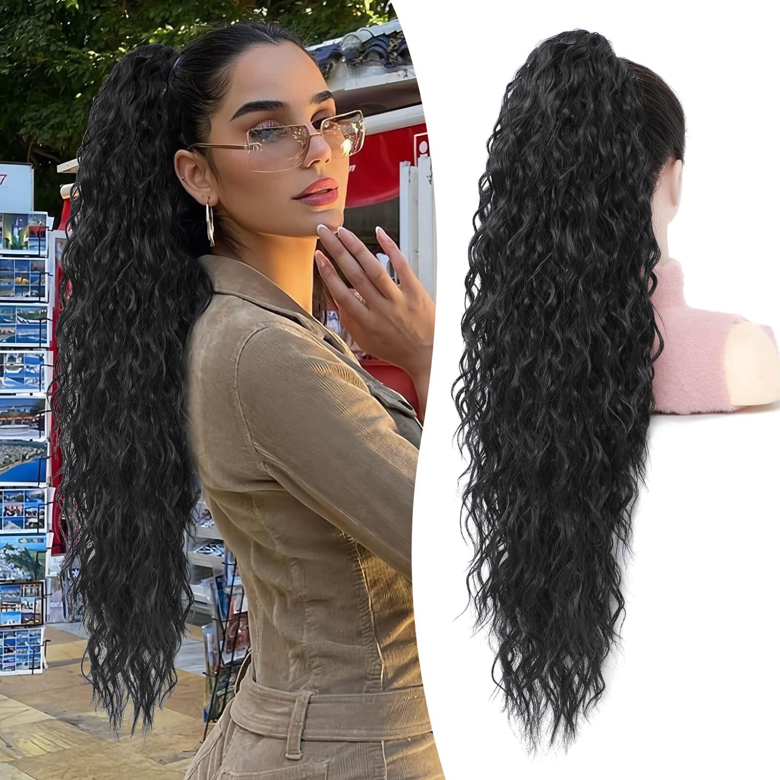 Flyroseing Black Ponytail Extension, 30inch Long Curly Wavy Hair Extensions Ponytail, Synthetic Claw Clip in Ponytail Hair Extensions, Hairpieces for Daily Party Use — image 1