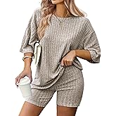 IN'VOLAND Women's Plus Size 2 Piece Tracksuit Outfits Sets Ribbed Knit Sets Short Sleeve Top Drawstring Casual Shorts Set