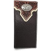 Western Tooled Genuine Leather Cowhide Cow fur Praying Cowboy Men's Long Bifold Wallet in 3 colors (Plain leather Coffee)