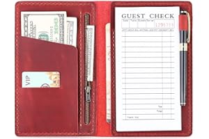 Robrasim Server Book Organizer with Zipper Pocket, Genuine Leather Restaurant Guest Check Presenters Card Holder for Waitress, Waiter Accessories Fit Server Apron - Wine