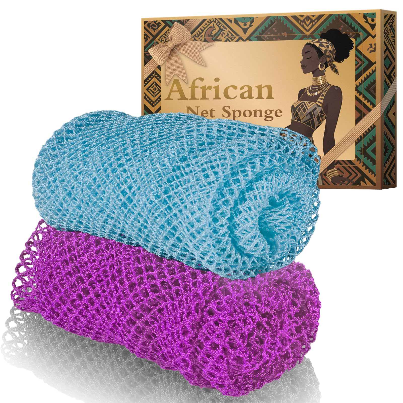 Baypearl 2 Pieces African Net Sponge Exfoliators: Authentic Deep Scrub for Radiant Skin, Quick-Drying Design - Easy Hang for Home Use(Purple,Sky Blue)