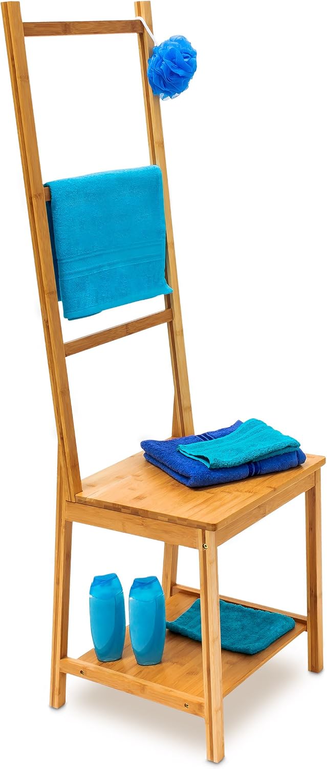 Relaxdays Free-Standing Bamboo Towel Holder, 40 x 105 x 27 cm, 3 Rails and 1 Shelf, Clothes Stand, Natural Brown - Image 4