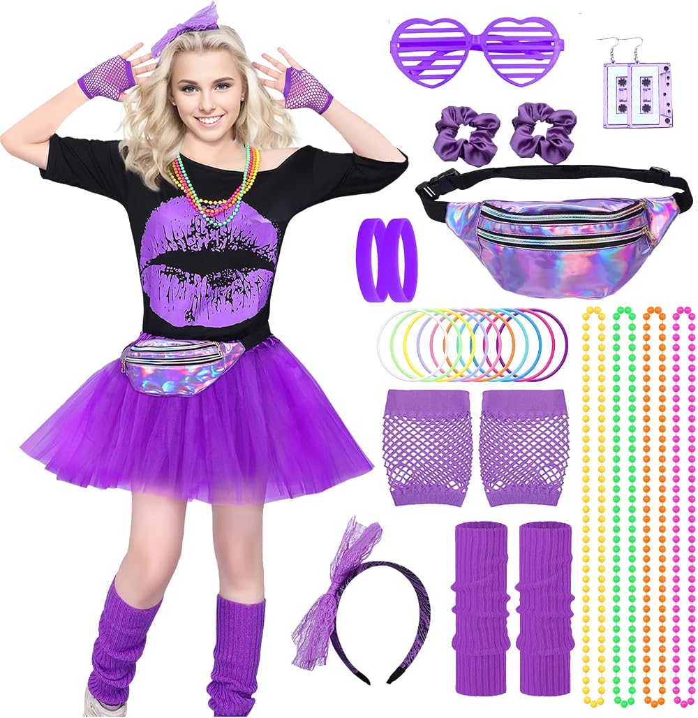 Crusward 80s Fancy Dress Costume Set Women Girls Tutu Bumbag Leg Warmers