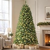 Alupssuc 6FT Prelit Christmas Tree, Warm White Lights, Hinged Branches | Pre-lit Christmas tree with warm white LEDs, 13 modes, 8H timer, hinged branches and sturdy metal stand.