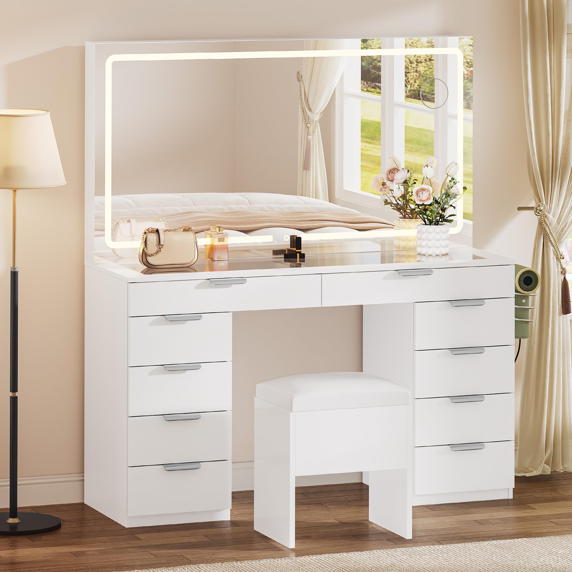 Photo 1 of ** USED** YITAHOME Vanity Set, Makeup Vanity Desk with Adjustable LED Mirror, Power Outlets, 10 Drawers, Magnifying Glass, Tempered Glass Top, Hairdryer Holder, Stool for Bathroom, Makeup Room