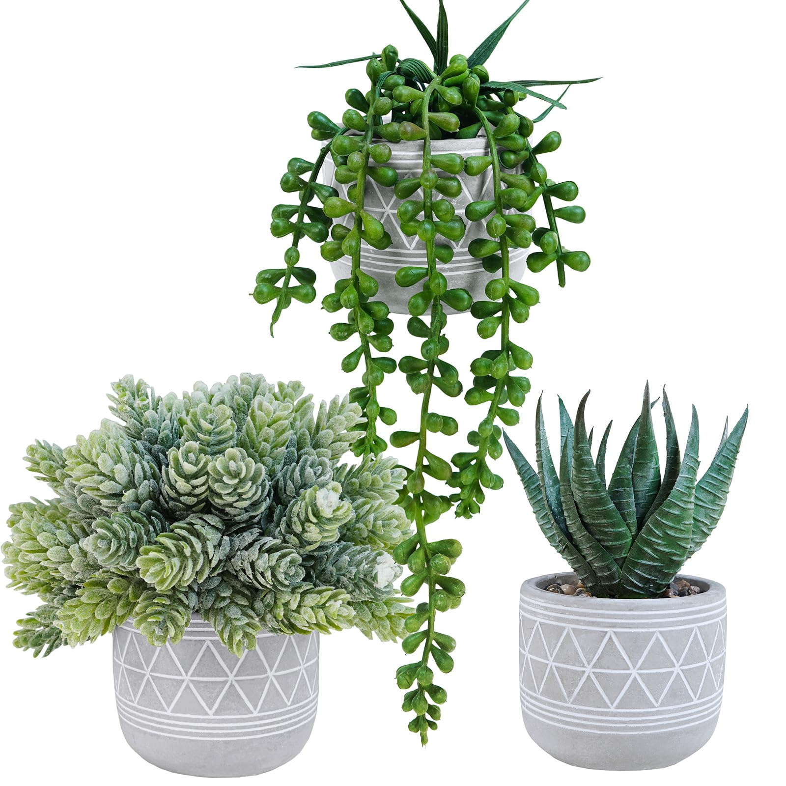 Photo 1 of (incomplete)(see images) Winlyn Set of 3 Mini Faux Succulent Potted Plants Artificial Aloe Hops String of Pearls Fake Succulents in Gray Geometric Concrete Pots