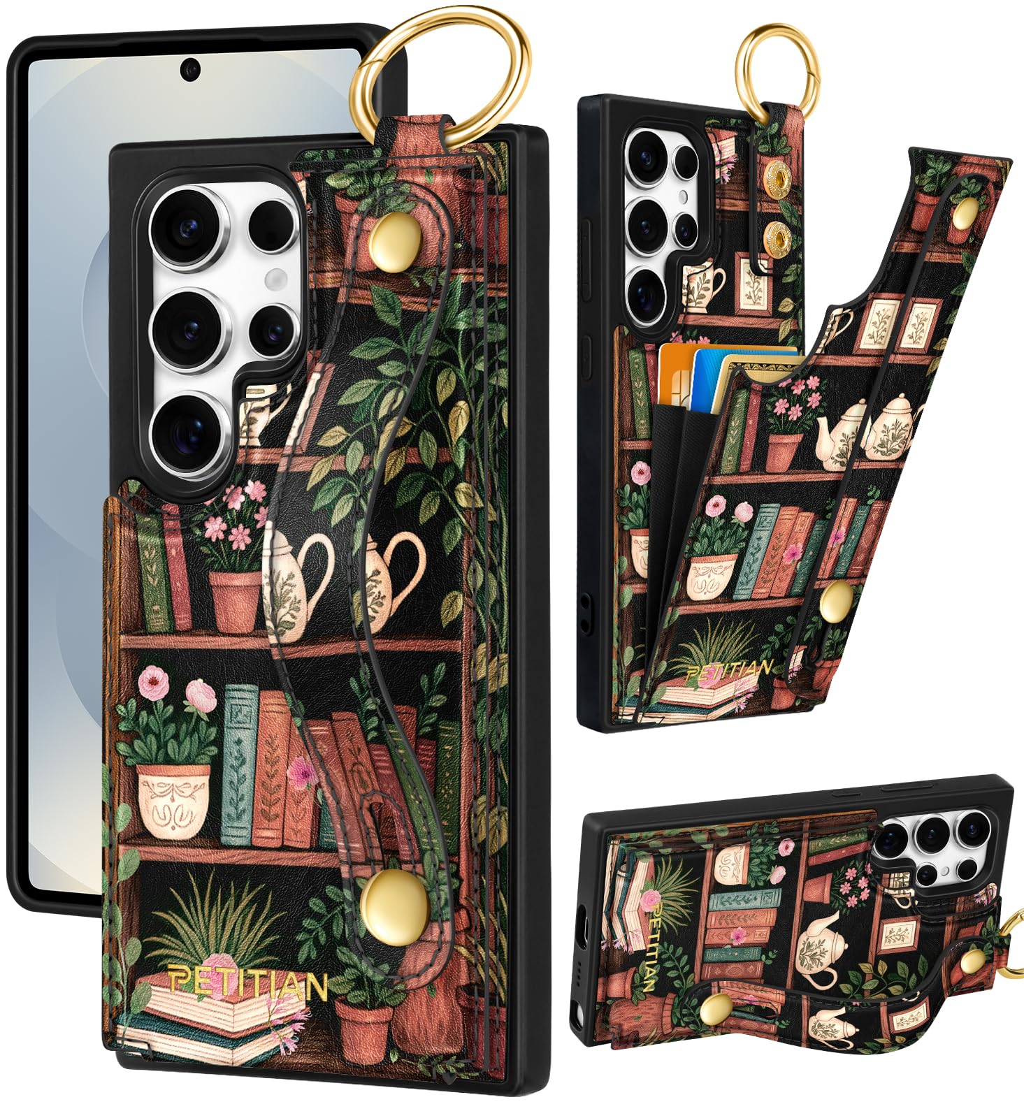 Petitian for Samsung Galaxy S22 Ultra Wallet Stand Case - Women Girls Cute Girly Aesthetic Unique Design Leather Credit Card Holder Cardholder Stand Wristband for Galaxy S22 Ultra, Bookshelf