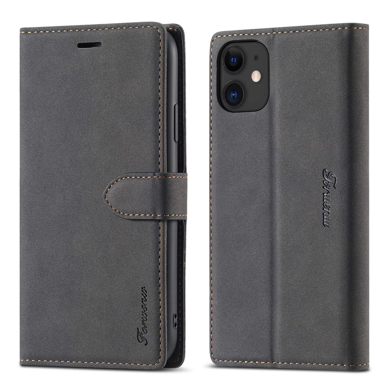 LOLFZ Case for iPhone 11, Vintage Leather Wallet Case Card Holder Kickstand Magnetic Closure Flip Case Cover Compatible with iPhone 11 (6.1 Inch) - Black