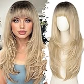 Novastel Long Light Brown Wigs Human Hair with Bangs Dark Root Layered Heat Resistant Free Parting for Women Daily Party Use (Blonde,26 Inch)