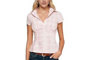 Navneet Women Button Up Plaid Shirt Collared Short Sleeve Blouse Cinched Waist Summer Y2K Going Out Daily Top