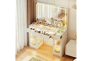 Pamapic Makeup Vanity Desk with Mirror and Lights, LED Light Strip Vanity with Glass Top, Crystal Knobs and Translucent Cabin