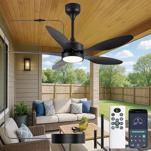 LSPMKE 46 INCH WATERPROOF OUTDOOR CEILING FAN WITH LIGHTS AND REMOTE, IP65 HANGING GAZEBO FAN WITH 3CCT, 6 SPEED DC MOTOR, BLACK WET RATED PLUG IN CEILING FAN WITH CORD FOR PATIOS, PORCH, PERGOLA