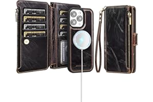 Antsturdy Compatible with Magsafe Magnetic 2 in 1 Detachable iPhone 16 Pro Max Wallet Case with Credit Card Holder Slots,PU Leather RFID Blocking Phone Cover Wrist Strap Zipper Women Men,Coffee