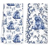 OINDADE Chinoiserie Goldendoodle Dog Kitchen Towels Set of 2, Blue Dogs Hand Towels, Golden Doodle Gifts for Women Decorative Dish Tea Towel for Kitchens, Grandmillennial Dog Bathroom Decor, 16x24In